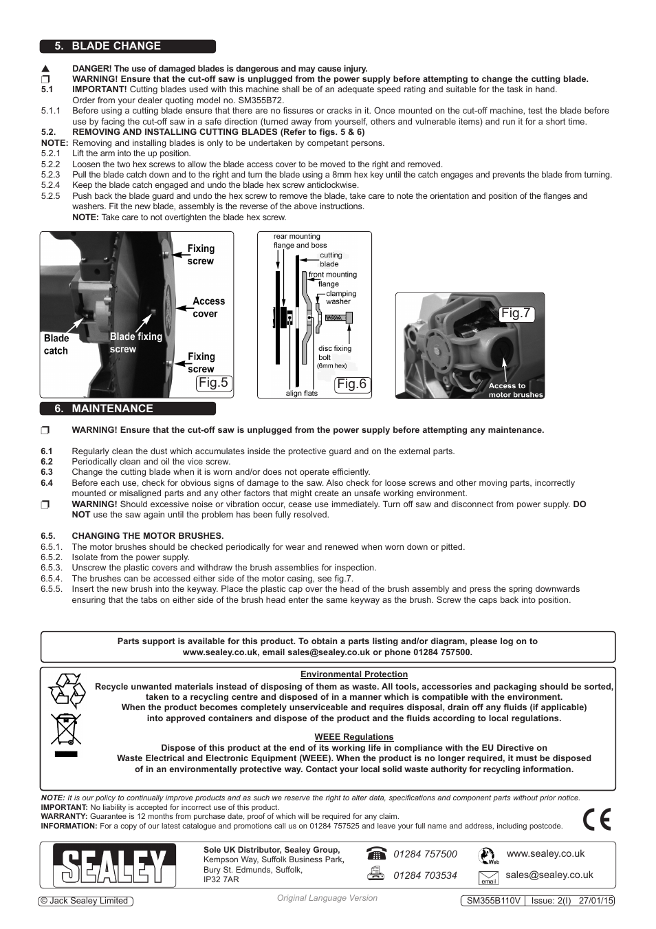 Fig.5 fig.6 fig.7, Blade change 6. maintenance | Sealey SM355B110V User Manual | Page 4 / 4