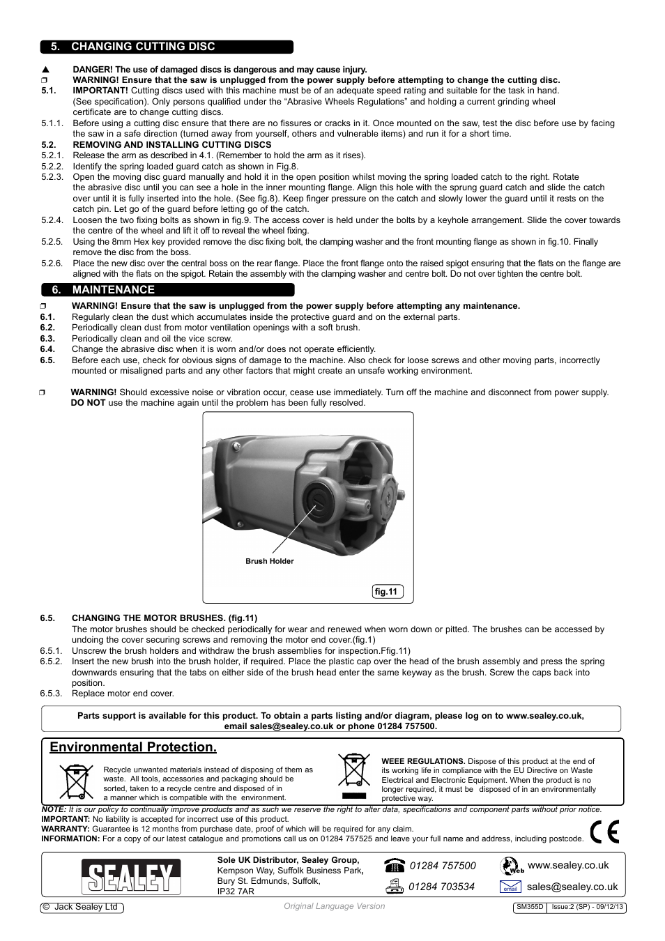 Environmental protection, Changing cutting disc, Maintenance | Sealey SM355D User Manual | Page 4 / 4