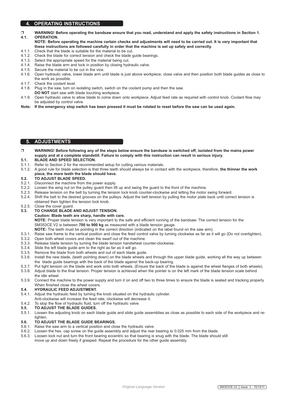 Operating instructions 5. adjustments | Sealey SM353CE User Manual | Page 3 / 5