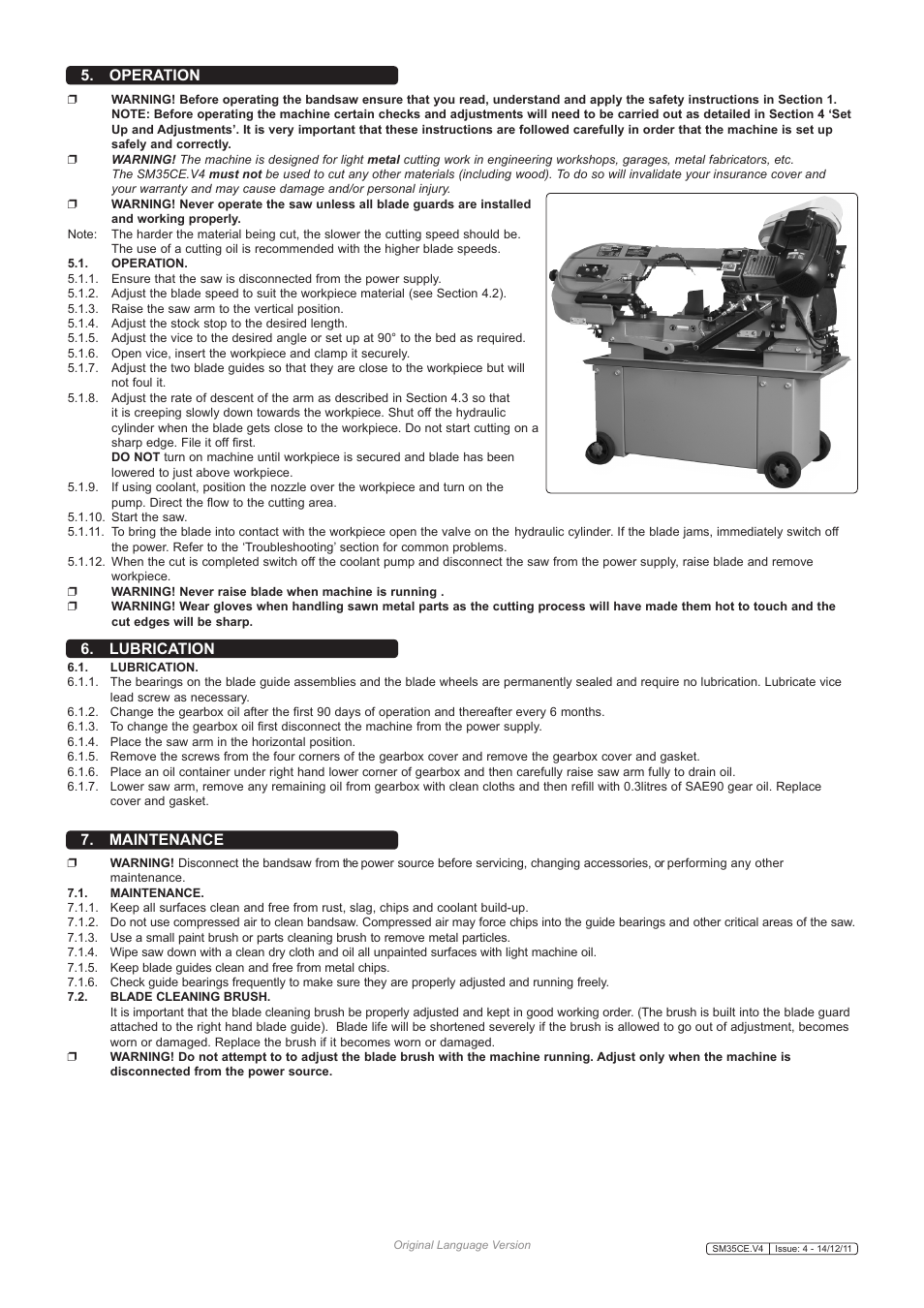 Maintenance, Lubrication, Operation | Sealey SM35CE User Manual | Page 6 / 7