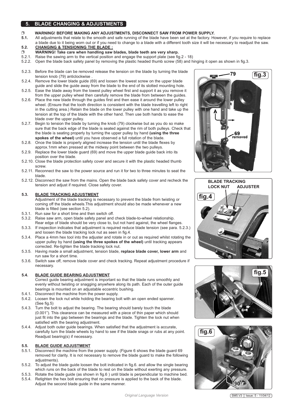 Fig.4, Fig.3, Fig.5 fig.6 | Blade changing & adjustments | Sealey SM5 User Manual | Page 4 / 5