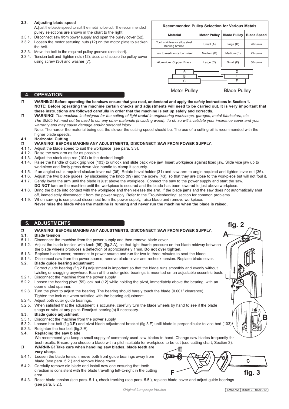 Fig. 2, Fig. 3, Operation 5. adjustments | Motor pulley blade pulley | Sealey SM65 User Manual | Page 3 / 4