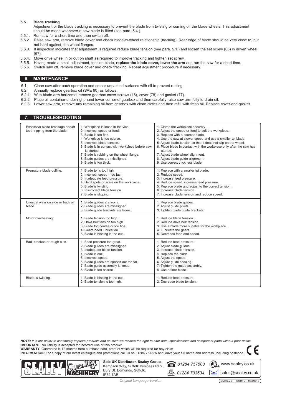 Troubleshooting, Maintenance | Sealey SM65 User Manual | Page 4 / 4