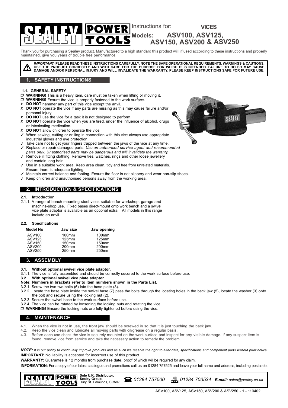 Sealey ASV100 User Manual | 1 page