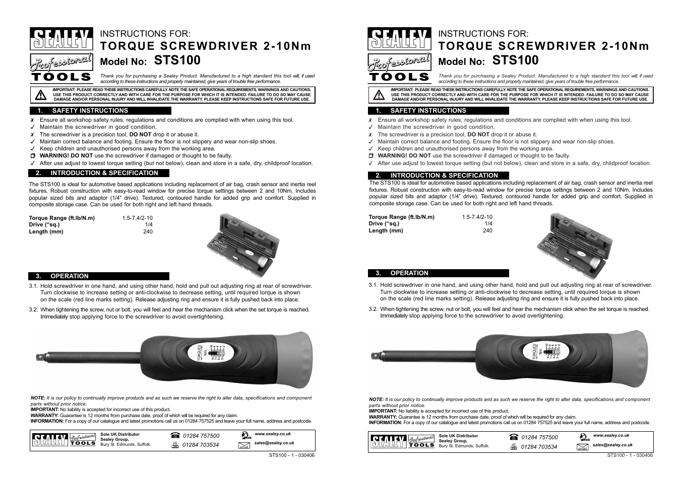 Sealey STS100 User Manual | 1 page