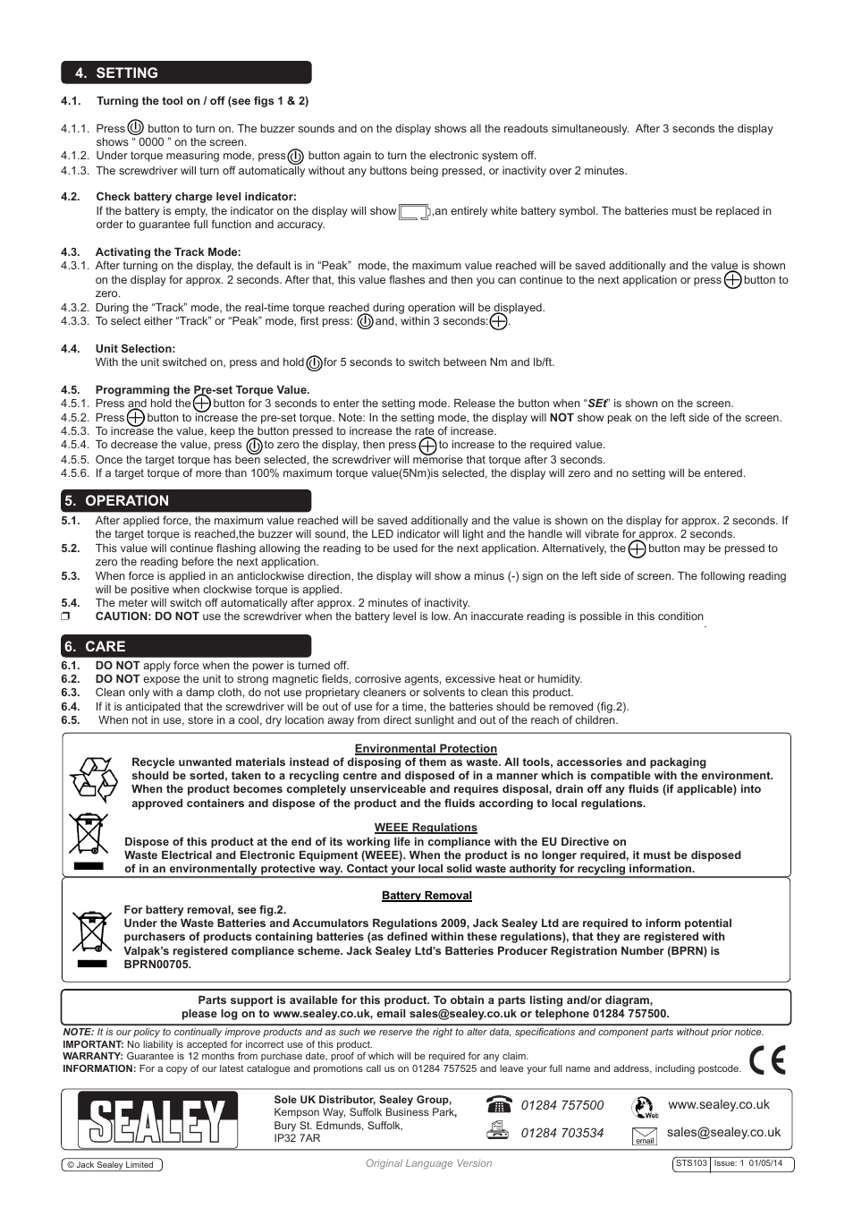 Operation 6. care, Setting | Sealey STS103 User Manual | Page 3 / 3