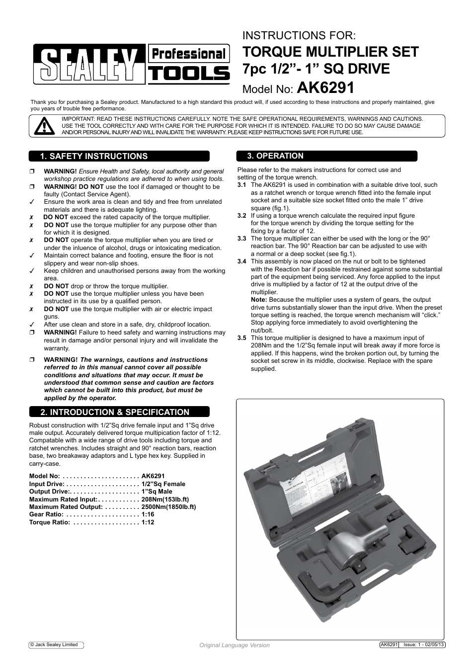 Sealey AK6291 User Manual | 2 pages