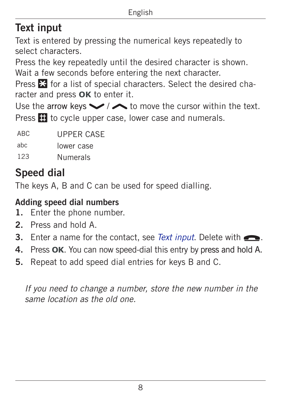 Text input, Speed dial | Doro PHONEEASY 338GSM User Manual | Page 12 / 128