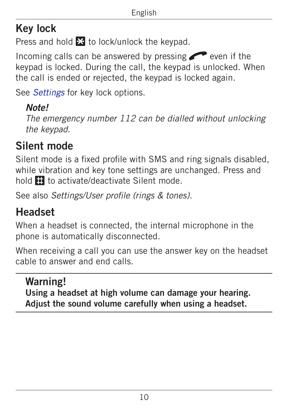 Key lock, Silent mode, Headset | Warning | Doro PHONEEASY 338GSM User Manual | Page 14 / 128