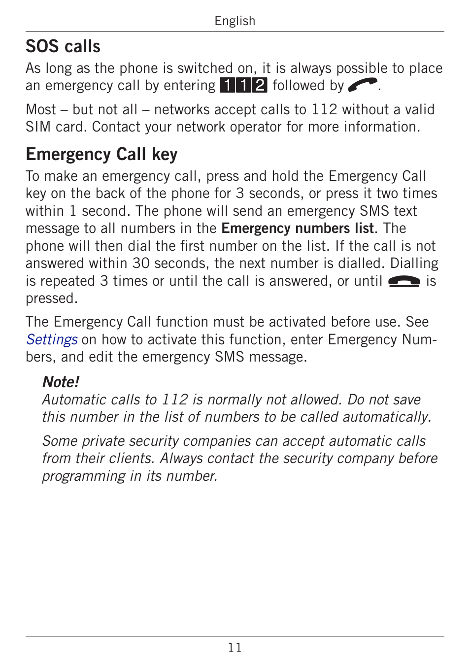 Sos calls, Emergency call key | Doro PHONEEASY 338GSM User Manual | Page 15 / 128