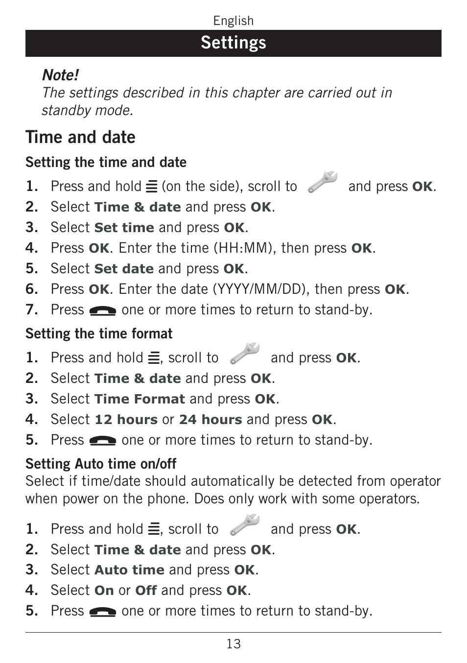 Settings, Time and date | Doro PHONEEASY 338GSM User Manual | Page 17 / 128