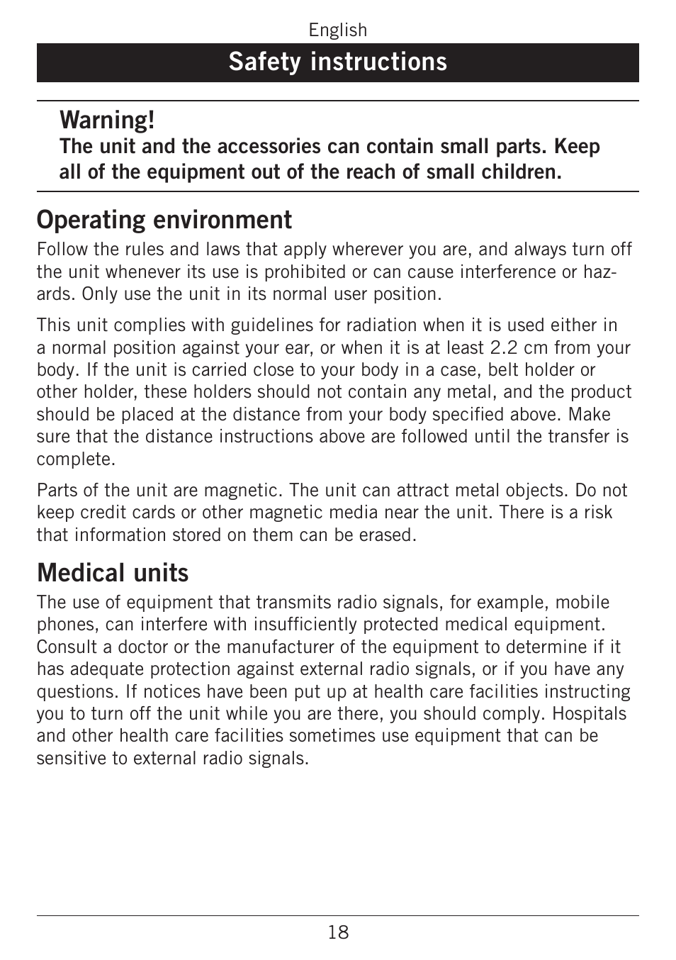 Safety instructions, Operating environment, Medical units | Warning | Doro PHONEEASY 338GSM User Manual | Page 22 / 128