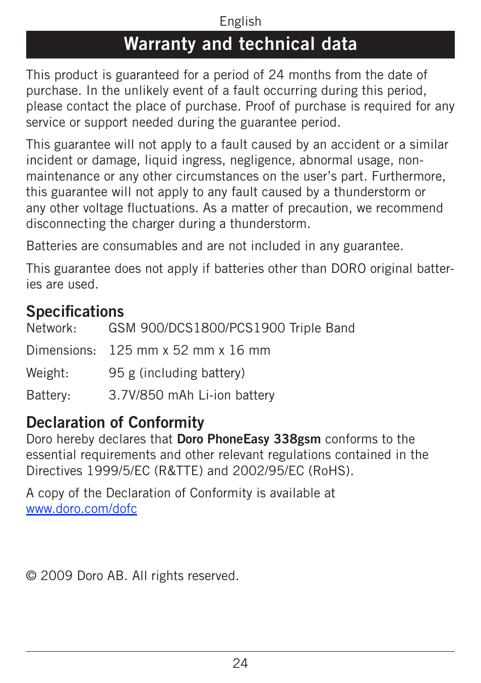 Warranty and technical data, Specifications, Declaration of conformity | Doro PHONEEASY 338GSM User Manual | Page 28 / 128