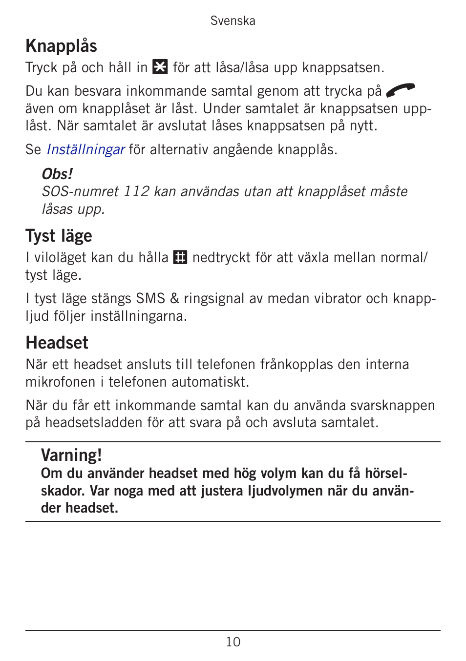 Knapplås, Tyst läge, Headset | Varning | Doro PHONEEASY 338GSM User Manual | Page 38 / 128