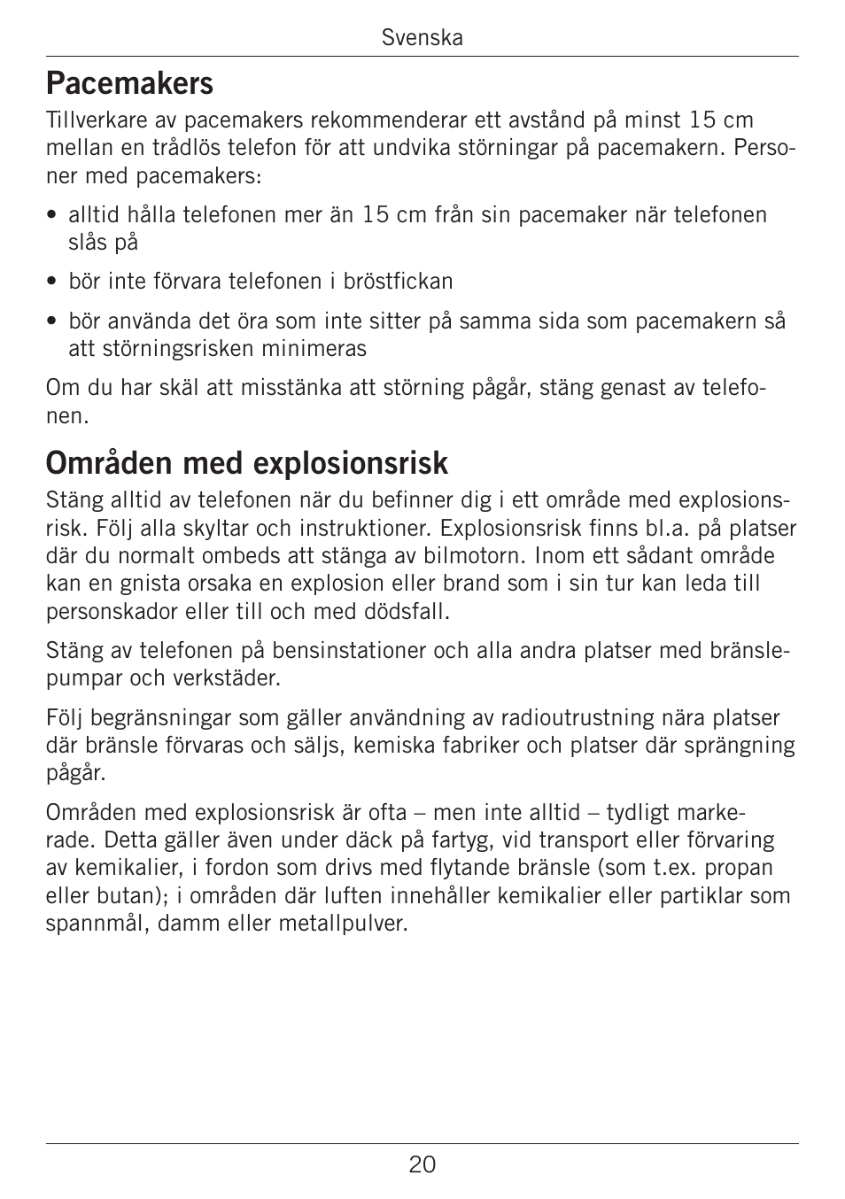 Pacemakers, Områden med explosionsrisk | Doro PHONEEASY 338GSM User Manual | Page 48 / 128