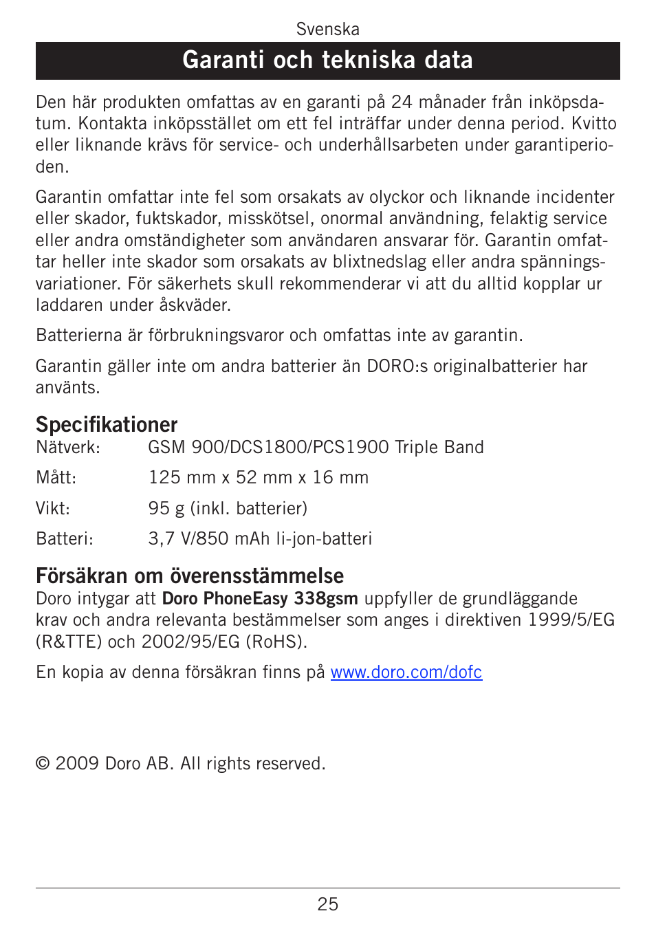 Garanti och tekniska data, Specifikationer, Försäkran om överensstämmelse | Doro PHONEEASY 338GSM User Manual | Page 53 / 128