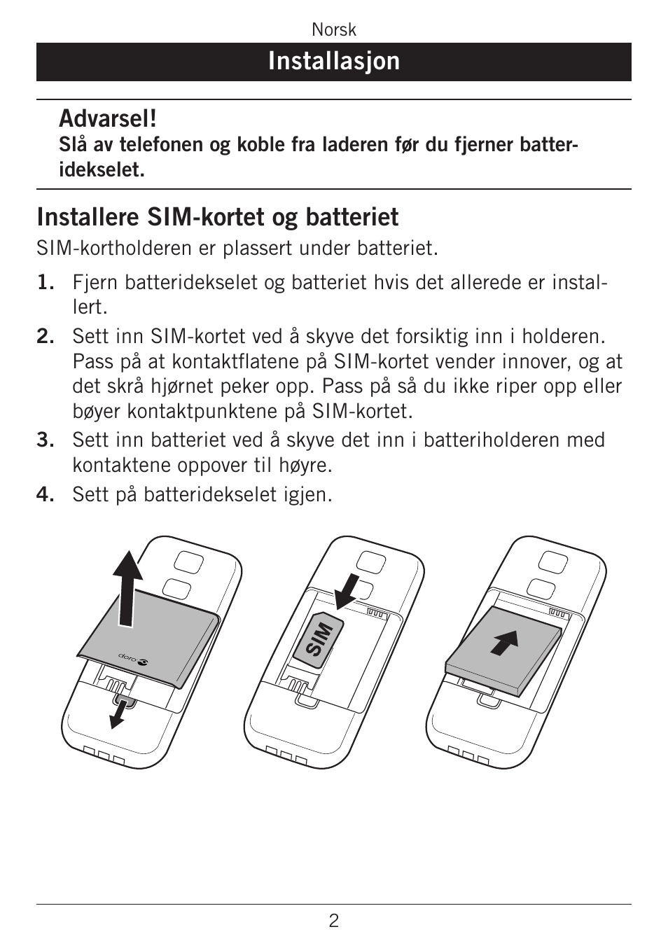 Installasjon, Installere sim-kortet og batteriet, Advarsel | Doro PHONEEASY 338GSM User Manual | Page 55 / 128