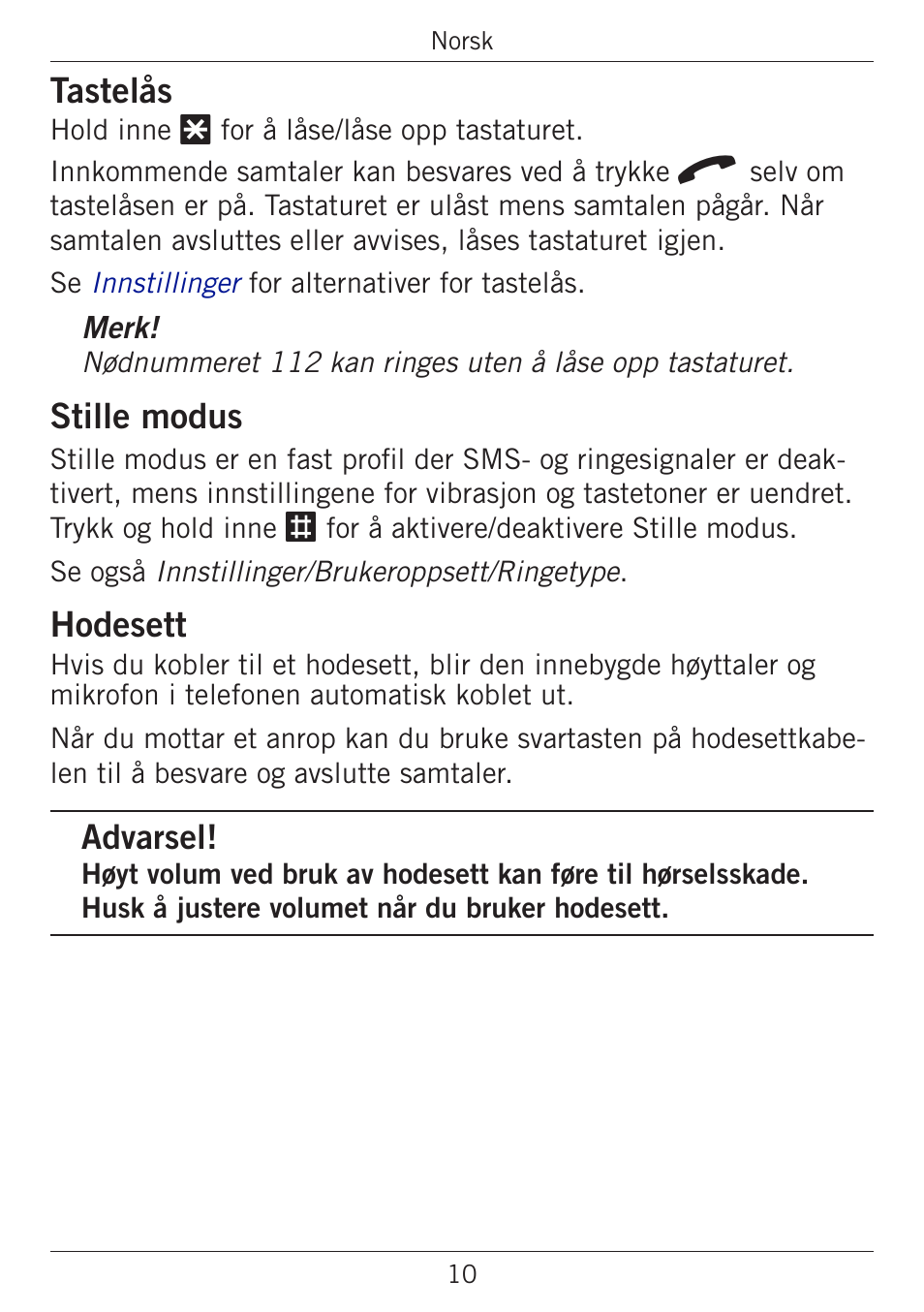 Tastelås, Stille modus, Hodesett | Advarsel | Doro PHONEEASY 338GSM User Manual | Page 63 / 128