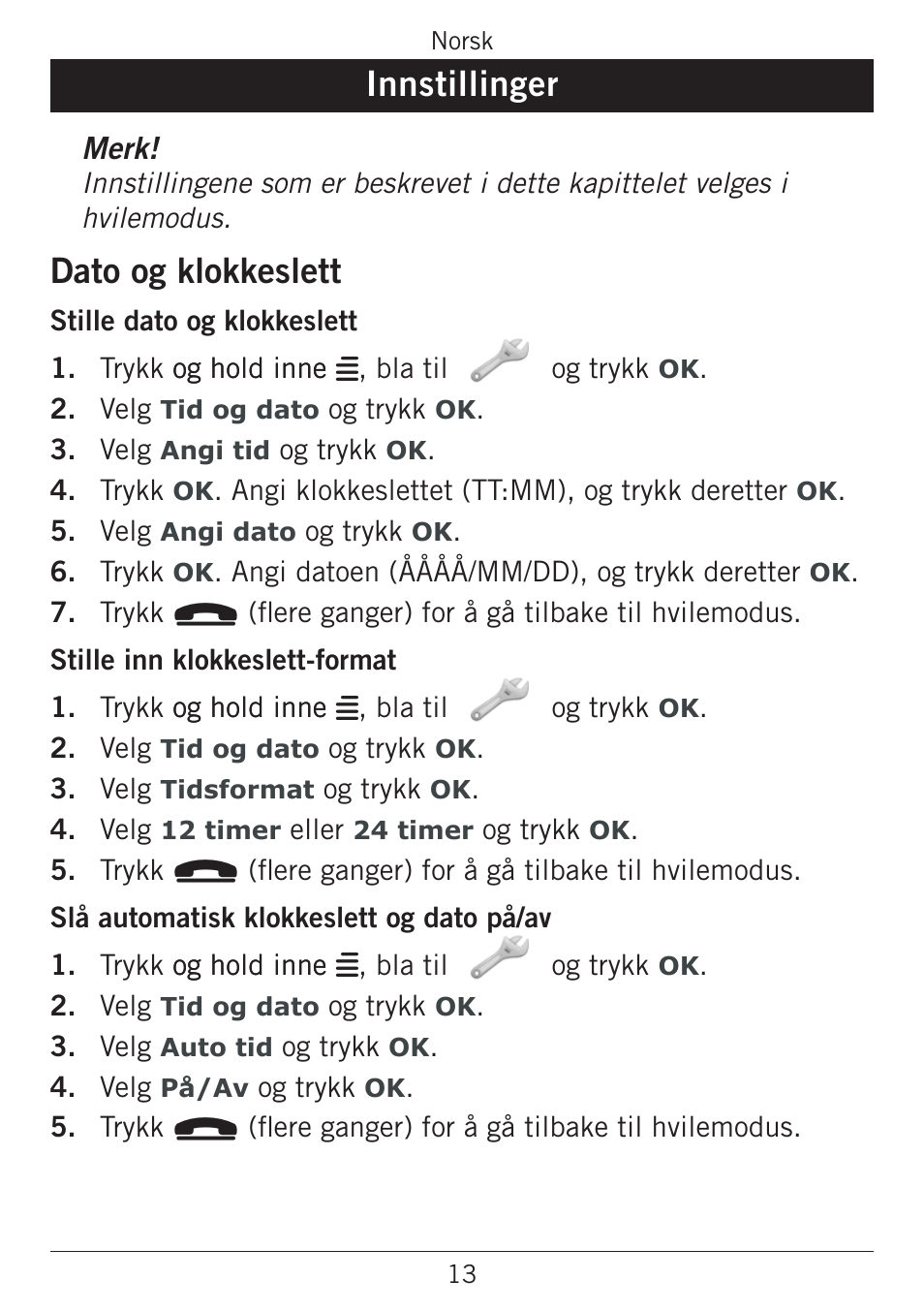 Innstillinger, Dato og klokkeslett | Doro PHONEEASY 338GSM User Manual | Page 66 / 128