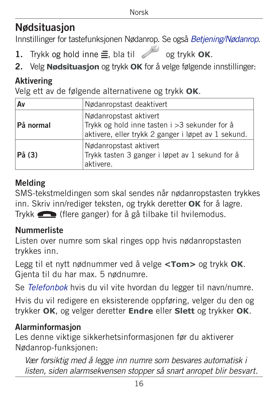 Nødsituasjon | Doro PHONEEASY 338GSM User Manual | Page 69 / 128