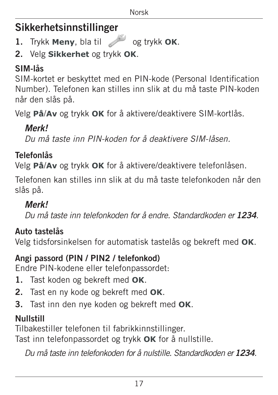 Sikkerhetsinnstillinger | Doro PHONEEASY 338GSM User Manual | Page 70 / 128