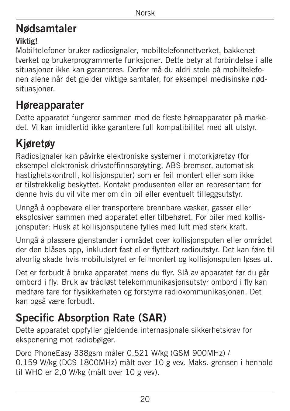 Nødsamtaler, Høreapparater, Kjøretøy | Specific absorption rate (sar) | Doro PHONEEASY 338GSM User Manual | Page 73 / 128