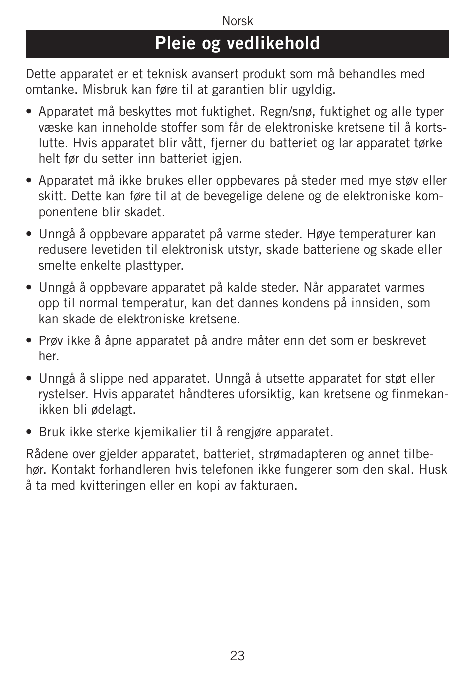 Pleie og vedlikehold | Doro PHONEEASY 338GSM User Manual | Page 76 / 128