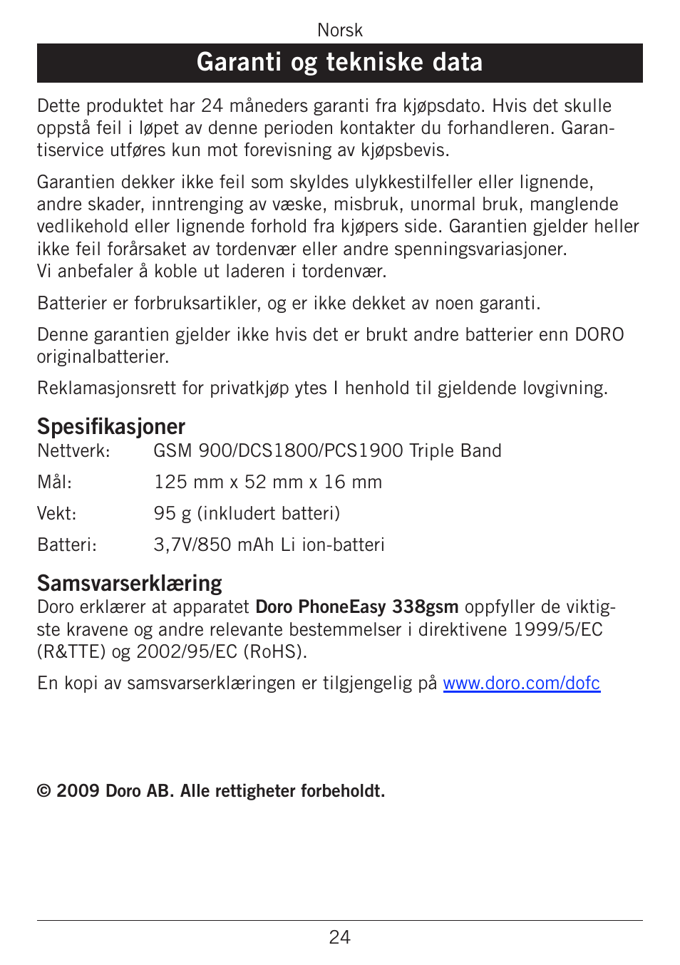 Garanti og tekniske data, Spesifikasjoner, Samsvarserklæring | Doro PHONEEASY 338GSM User Manual | Page 77 / 128