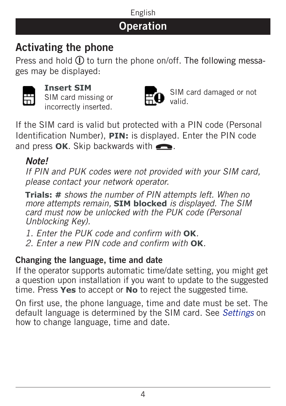 Operation, Activating the phone, Operation activating the phone | Doro PHONEEASY 338GSM User Manual | Page 8 / 128