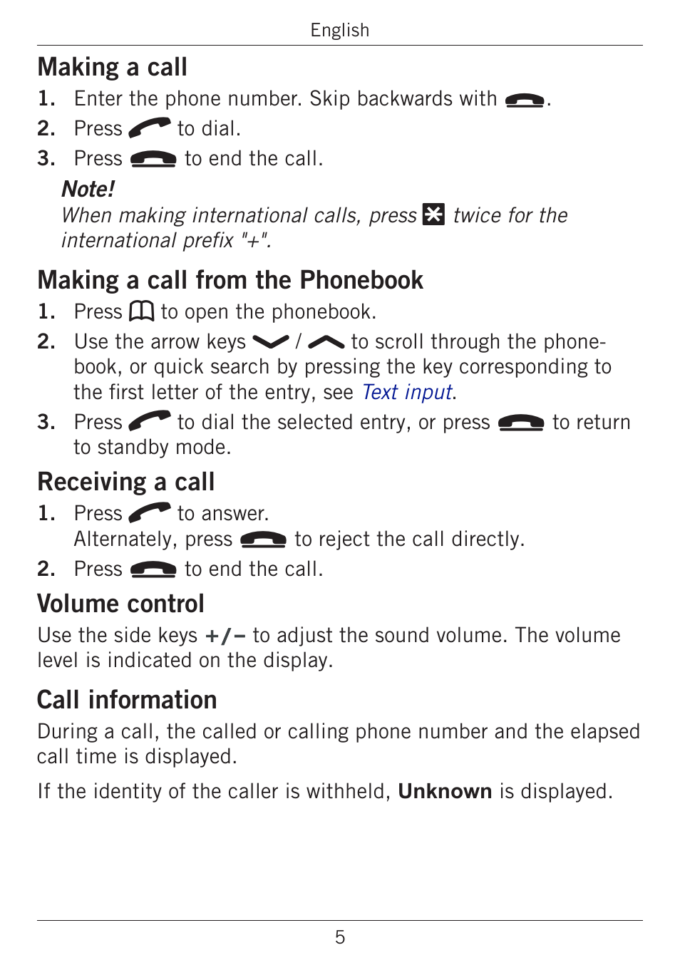 Making a call, Making a call from the phonebook, Receiving a call | Volume control, Call information | Doro PHONEEASY 338GSM User Manual | Page 9 / 128