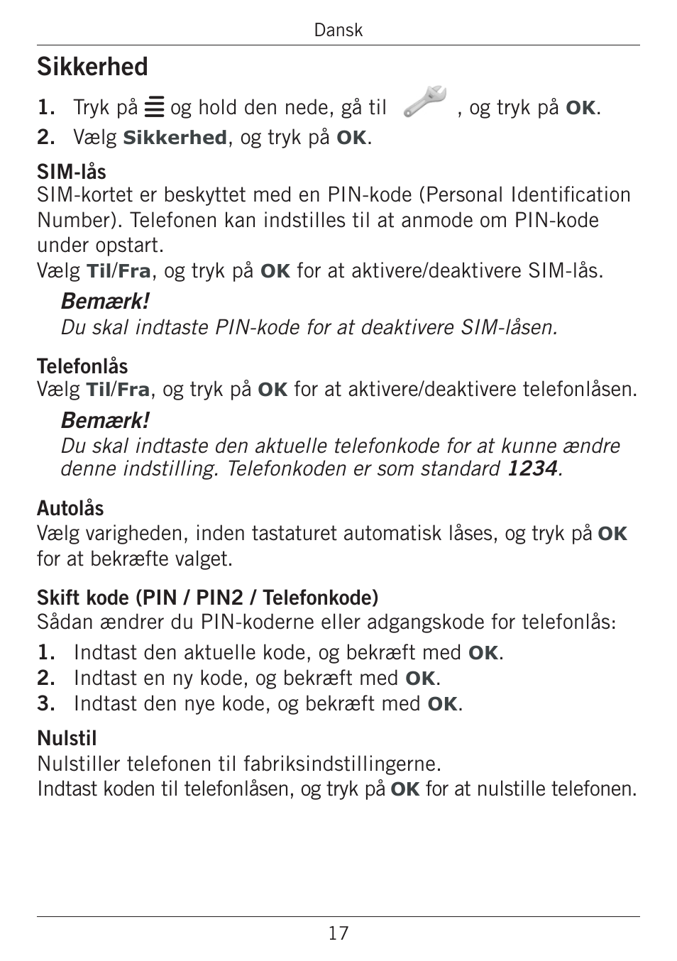 Sikkerhedsindstillinger, Sikkerhed | Doro PHONEEASY 338GSM User Manual | Page 94 / 128