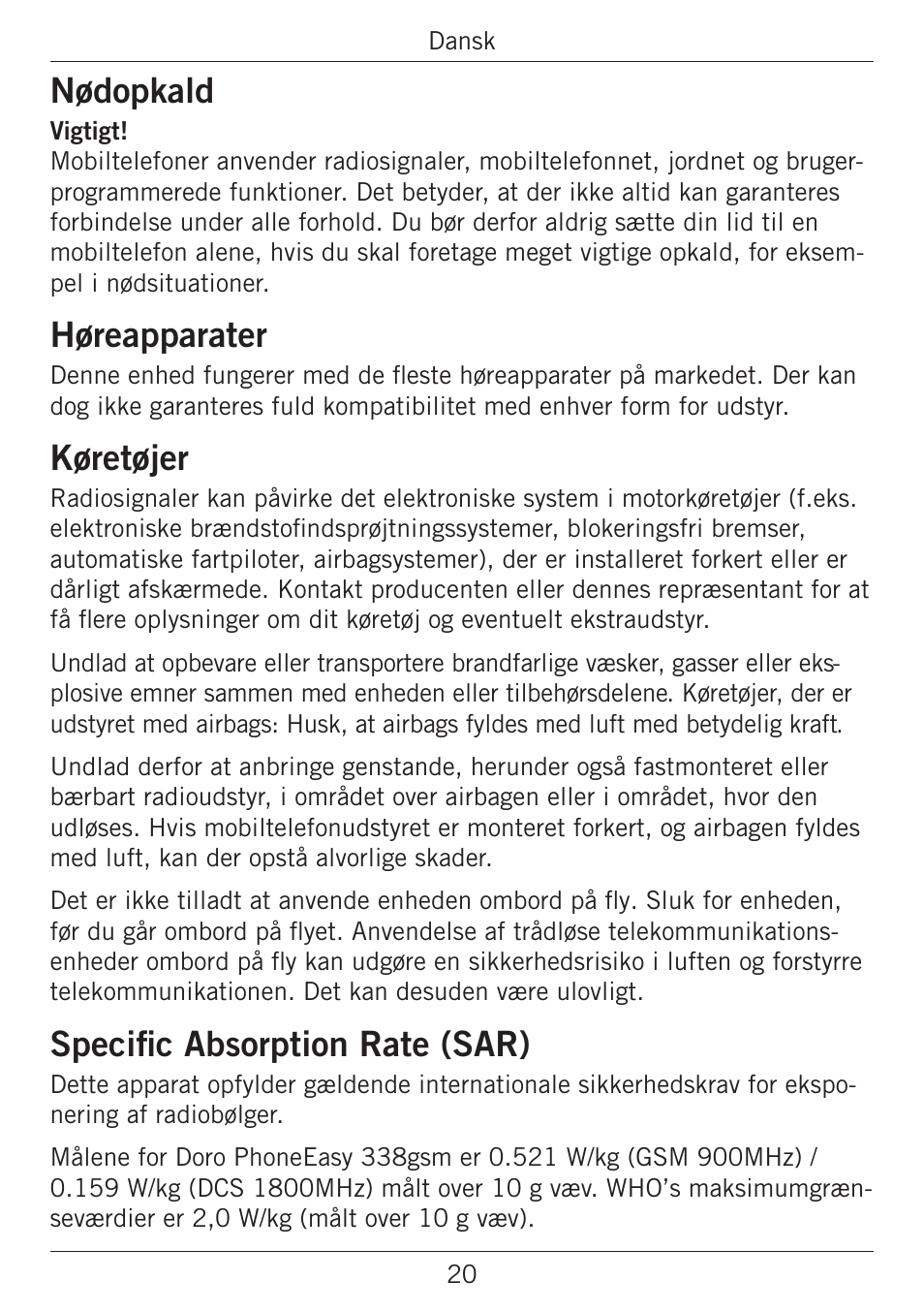 Nødopkald, Høreapparater, Køretøjer | Specific absorption rate (sar) | Doro PHONEEASY 338GSM User Manual | Page 97 / 128