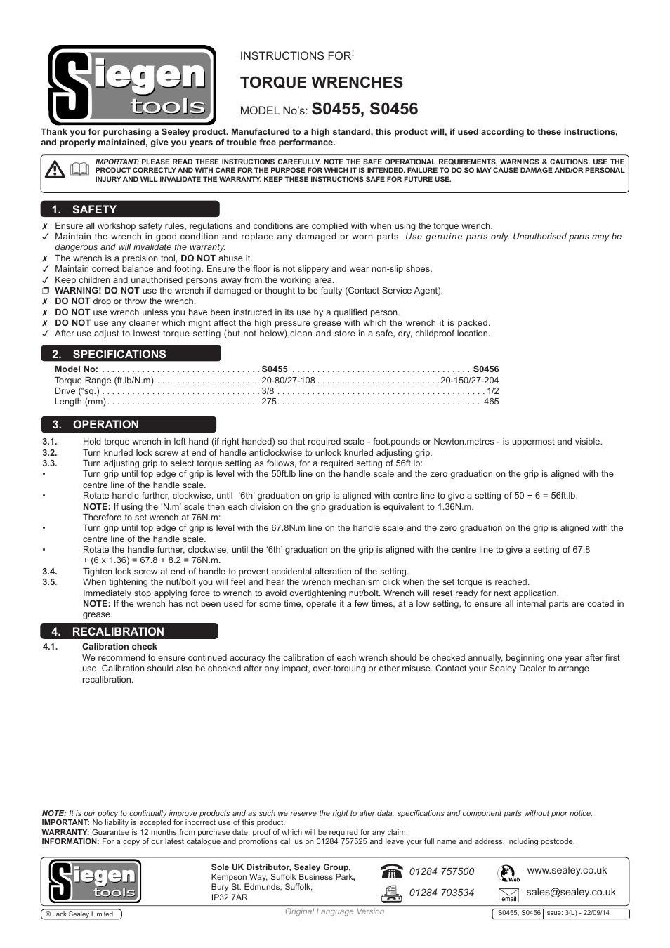 Sealey S0455 User Manual | 1 page