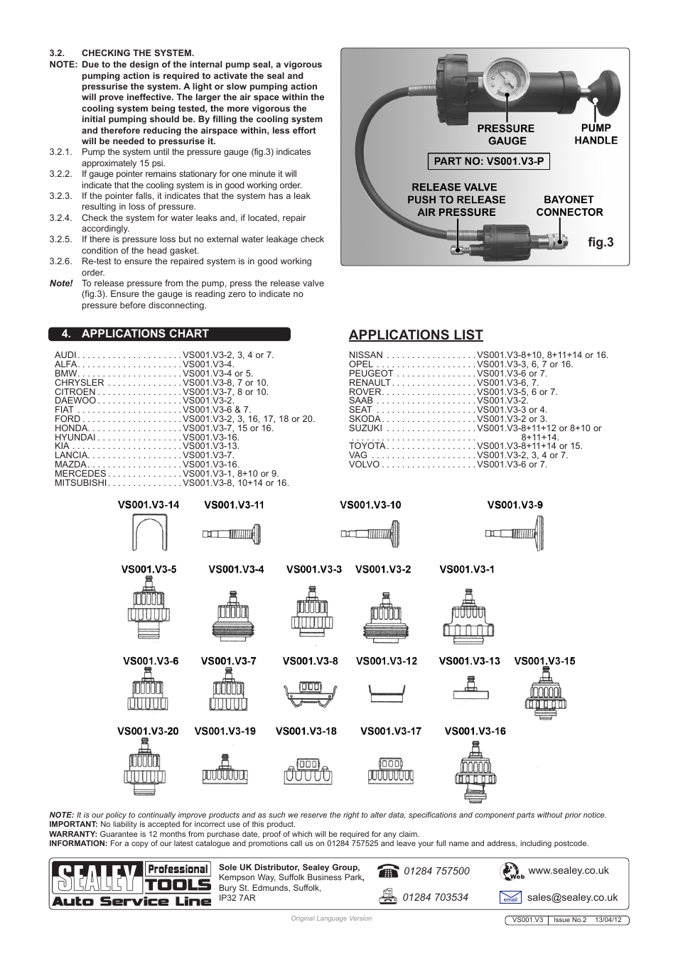 Applications list, Fig.3, Applications chart | Sealey VS001 User Manual | Page 2 / 2
