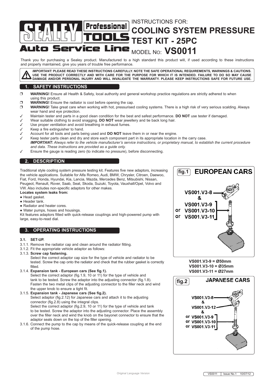 Sealey VS0011 User Manual | 2 pages