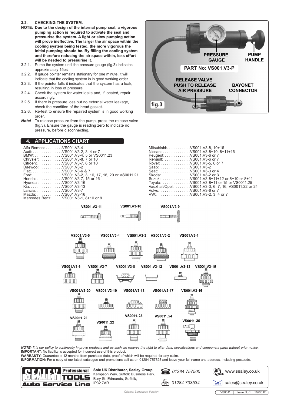 Fig.3, Applications chart, Part no: vs001.v3-p | Sealey VS0011 User Manual | Page 2 / 2