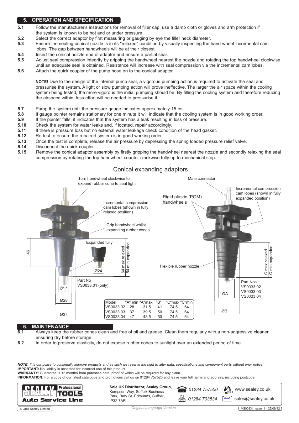 Conical expanding adaptors | Sealey VS0033 User Manual | Page 2 / 2