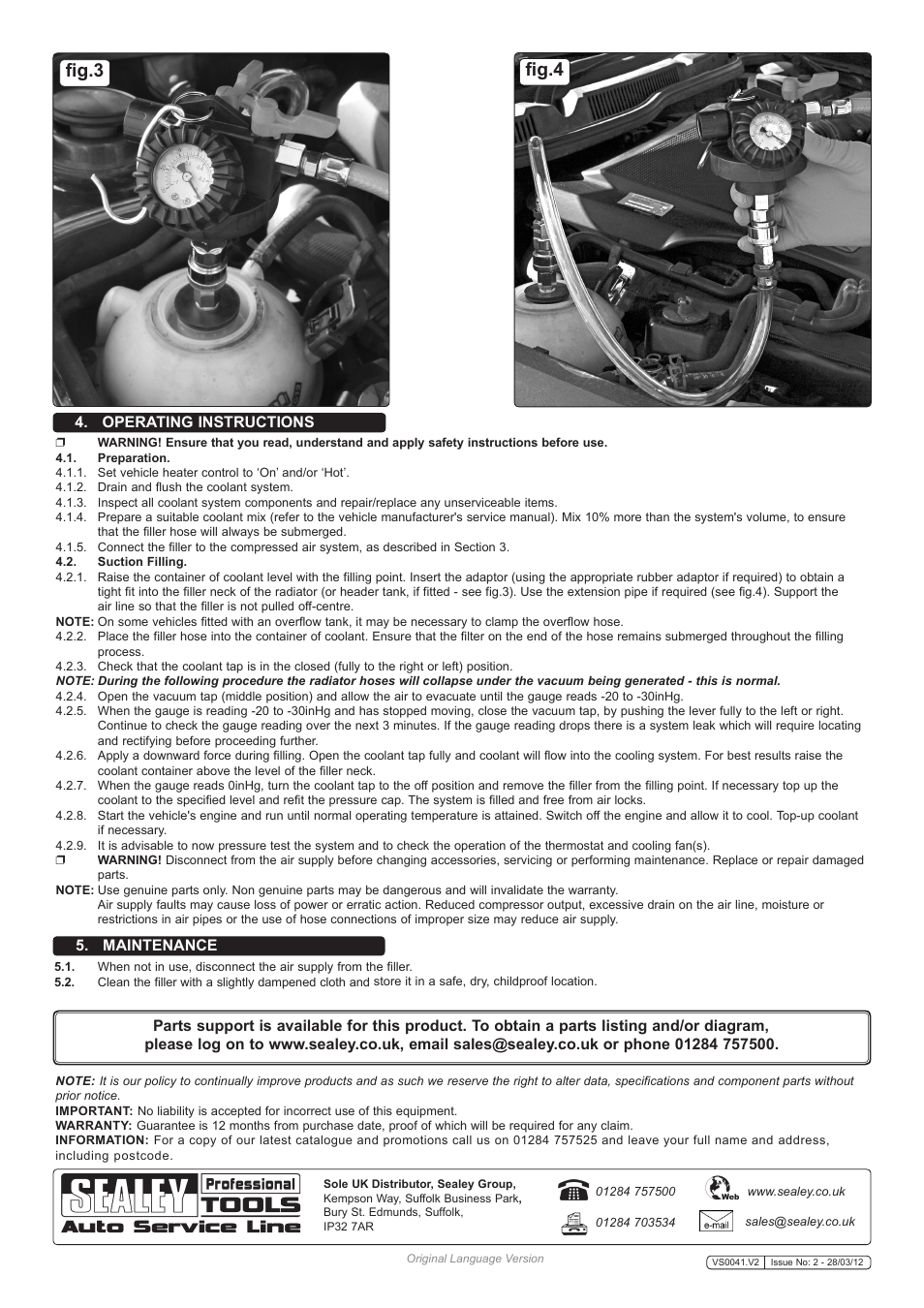 Fig.3 fig.4, Operating instructions | Sealey VS0041 User Manual | Page 2 / 2