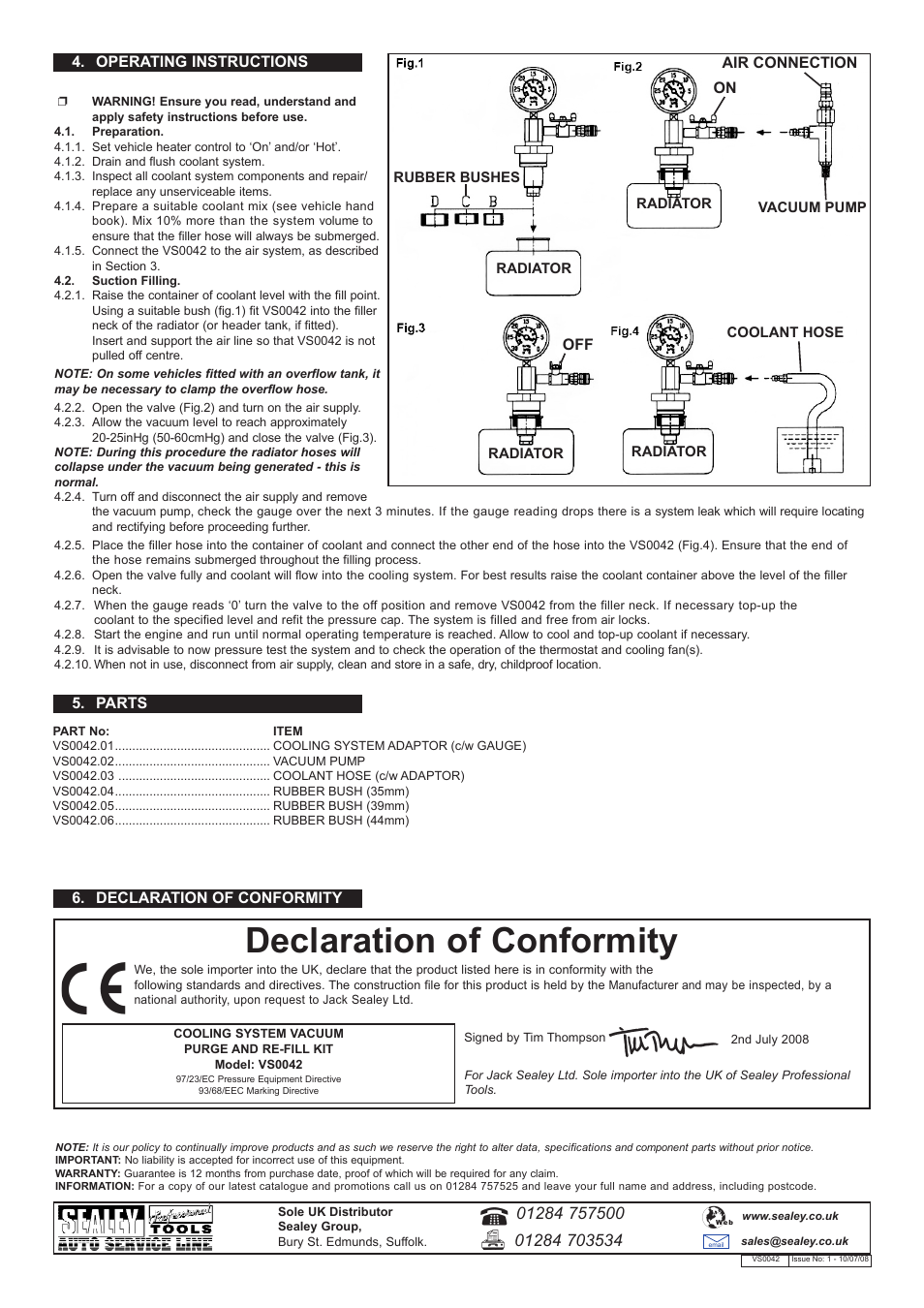 Declaration of conformity, Operating instructions, Declaration of conformity 5. parts | On off air connection | Sealey VS0042 User Manual | Page 2 / 2