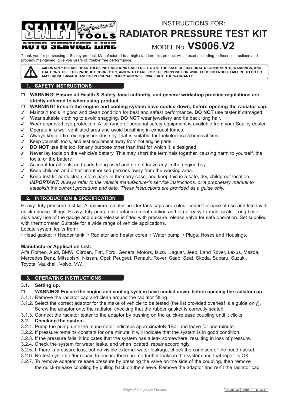 Sealey VS006 User Manual | 2 pages