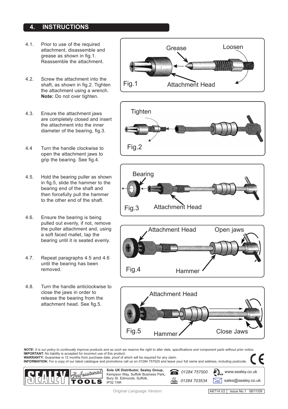 Fig.2, Fig.1, Fig.3 | Fig.4, Fig.5, Instructions, Loosen grease attachment head, Tighten, Bearing attachment head, Attachment head hammer open jaws | Sealey AK714 User Manual | Page 2 / 2