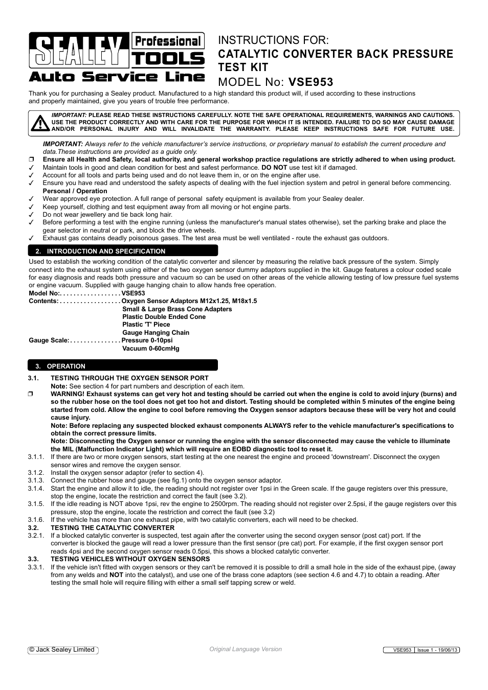 Sealey VSE953 User Manual | 2 pages