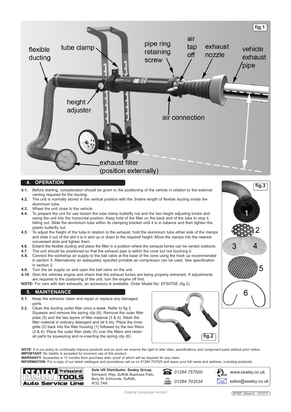 Maintenance, Operation, Fig.1 fig.2 fig.3 | Sealey EFS07 User Manual | Page 2 / 2