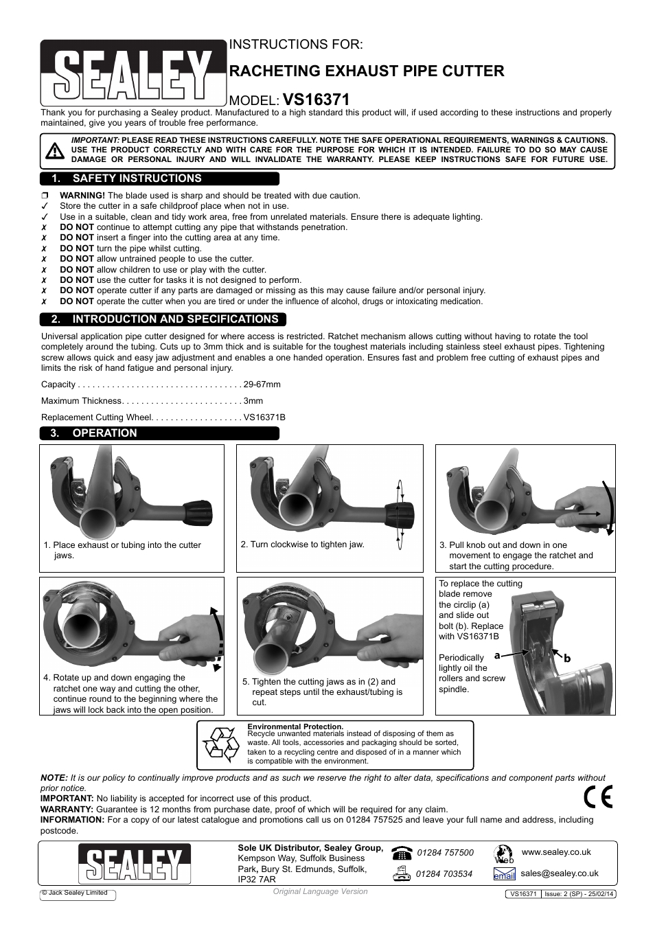 Sealey VS16371 User Manual | 1 page