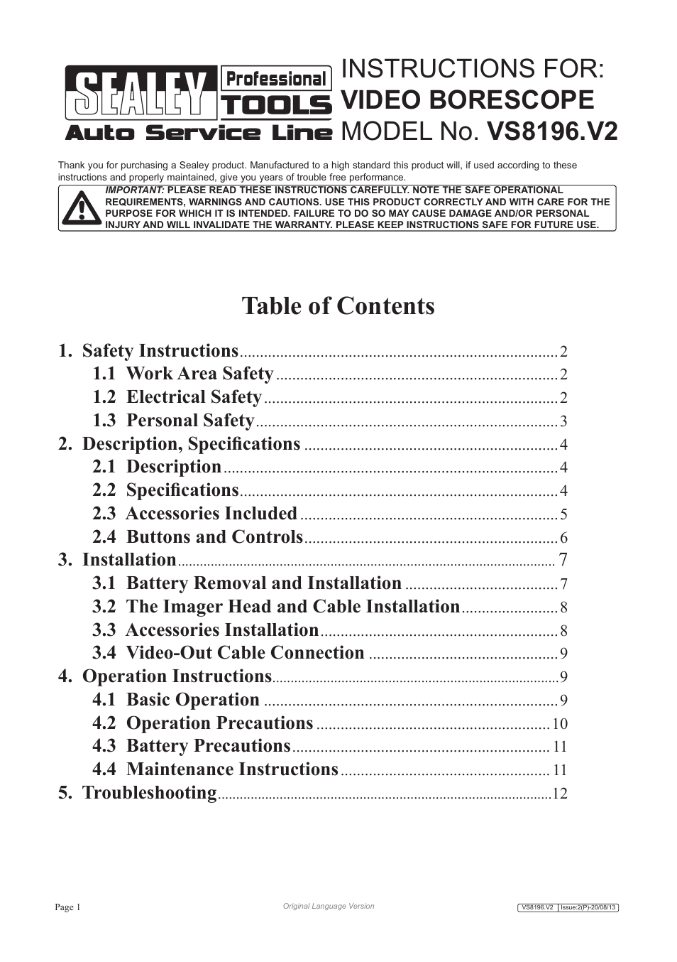 Sealey VS8196 User Manual | 13 pages