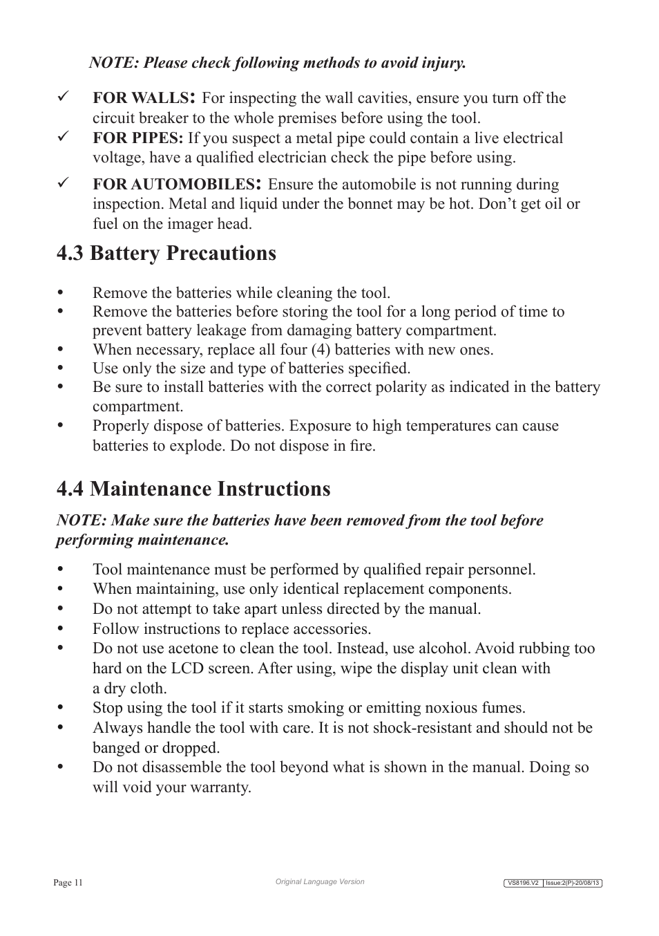 3 battery precautions, 4 maintenance instructions | Sealey VS8196 User Manual | Page 11 / 13