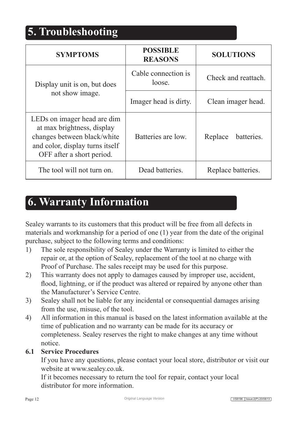 Troubleshooting, Troubleshooting 6. warranty information, Limited one year warranty | Sealey VS8196 User Manual | Page 12 / 13