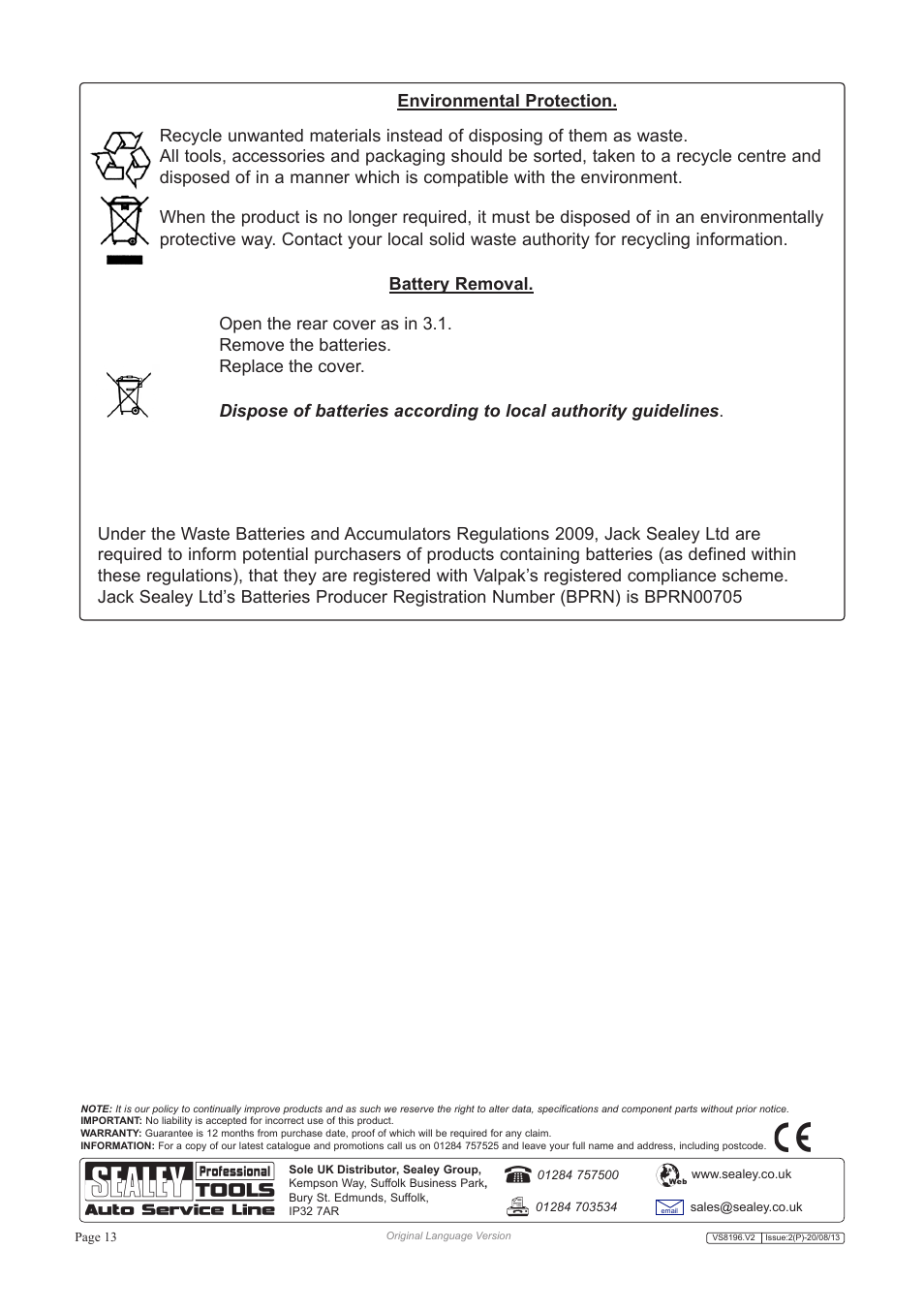 Sealey VS8196 User Manual | Page 13 / 13