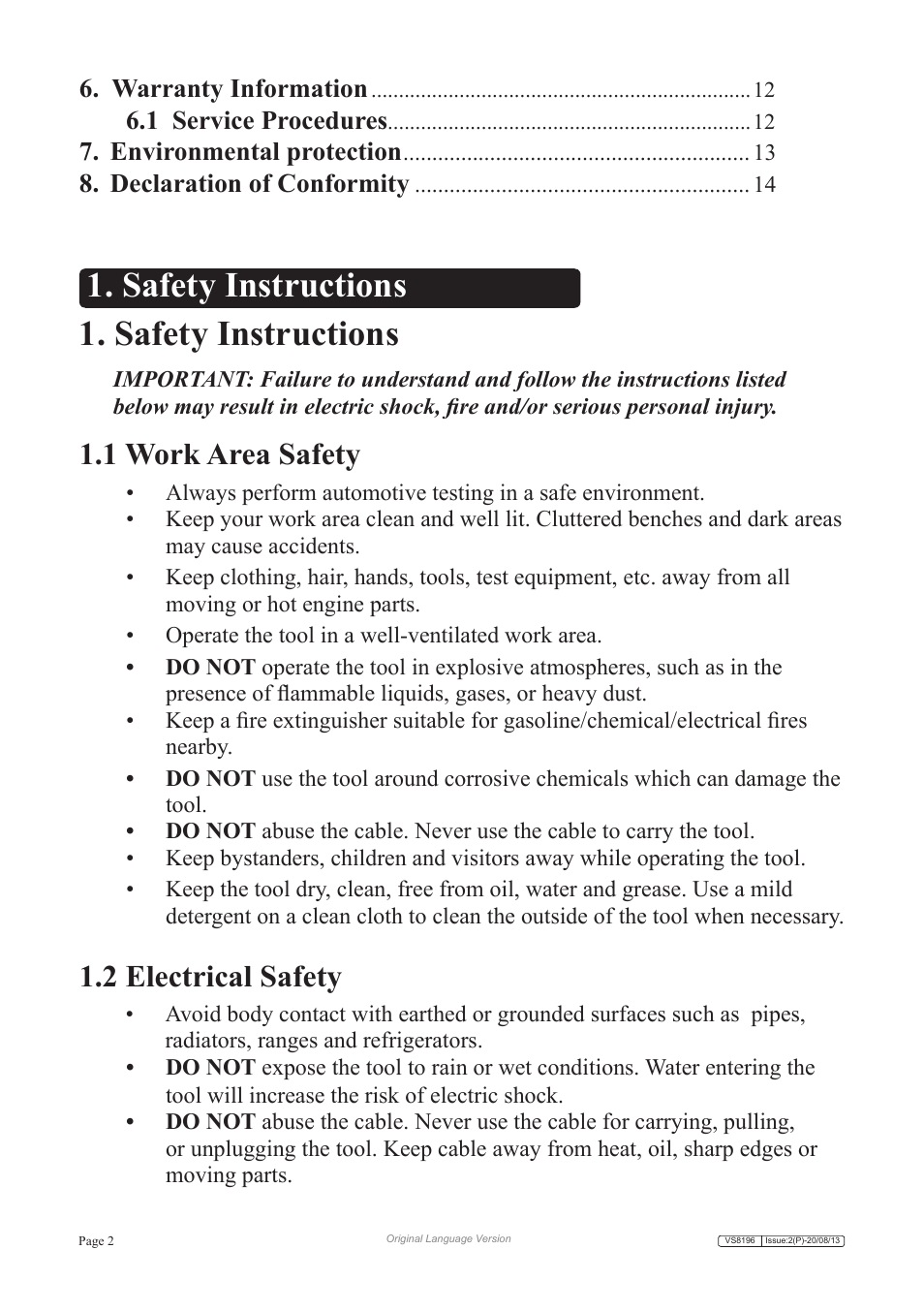 Safety instructions, 1 work area safety, 2 electrical safety | Warranty information, 1 service procedures, Environmental protection, Declaration of conformity | Sealey VS8196 User Manual | Page 2 / 13