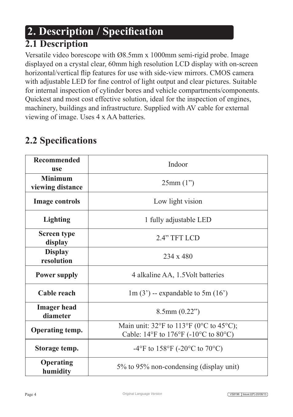 Description / specification, 1 description 2.2 specifications | Sealey VS8196 User Manual | Page 4 / 13